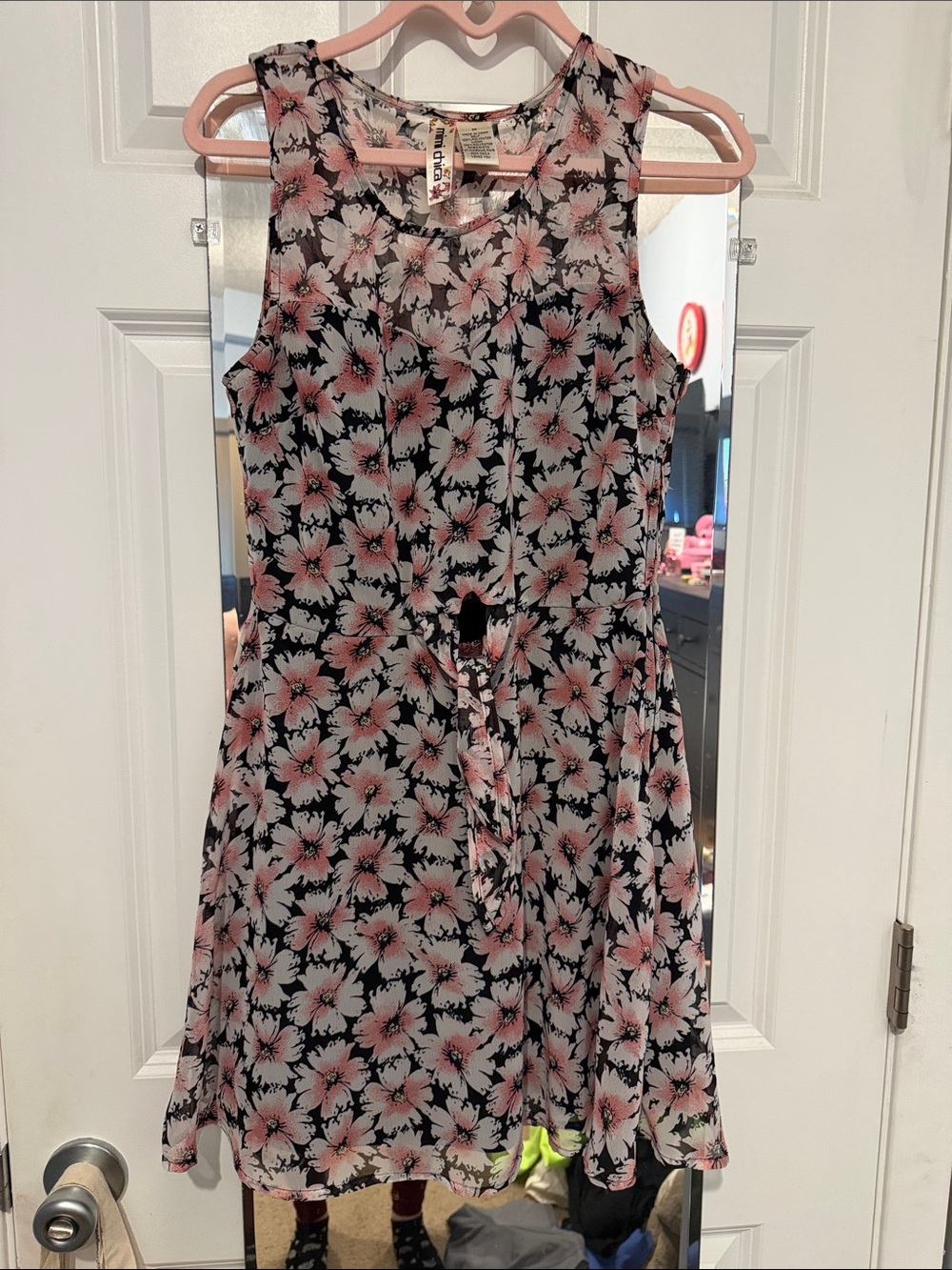 Pink and black adorable floral Print sun dress size M